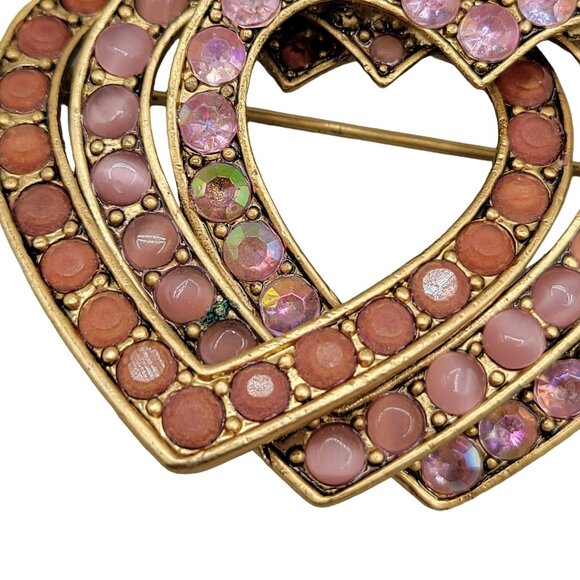 Liz Claiborne Triple Rhinestone Heart Brooch Pink Aurora Borealis Gold Tone - Picture 4 of 4